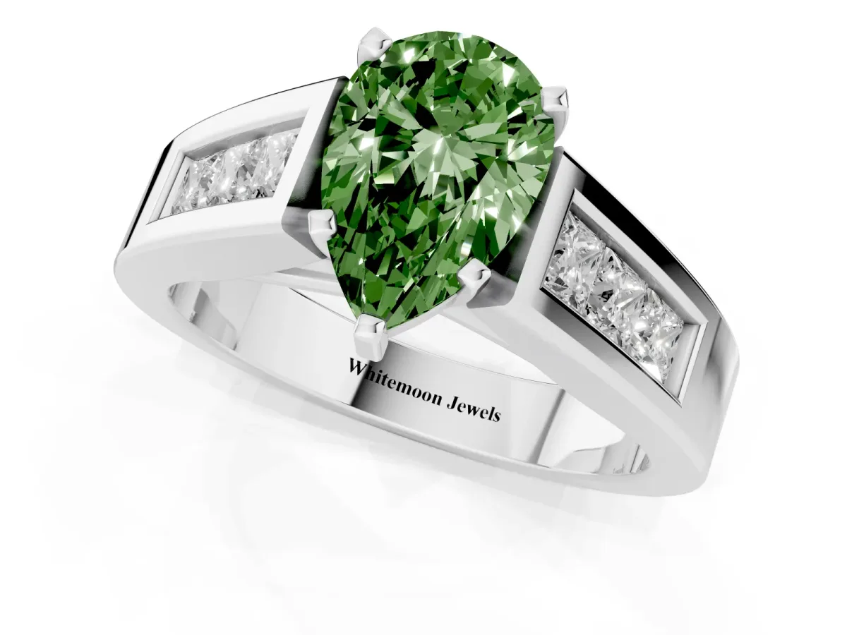 Fancy Green Pear Cut Cut Channel Set Solitaire Ring with Four-Prong Setting Silver