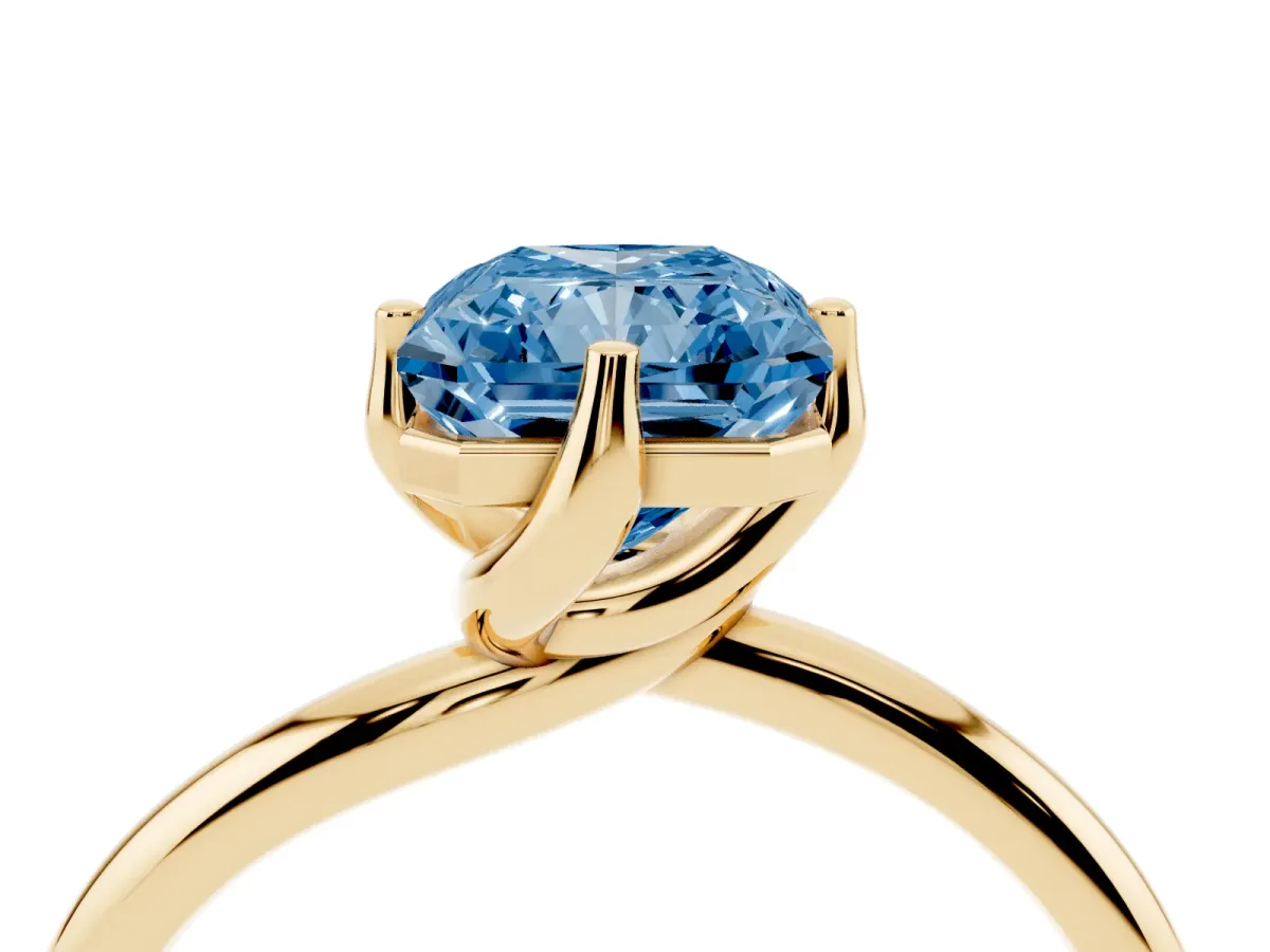 Fancy Blue Radiant Cut Diamond Solitaire Engagement Ring with Four-Prong Setting and Classic Band Yellow gold