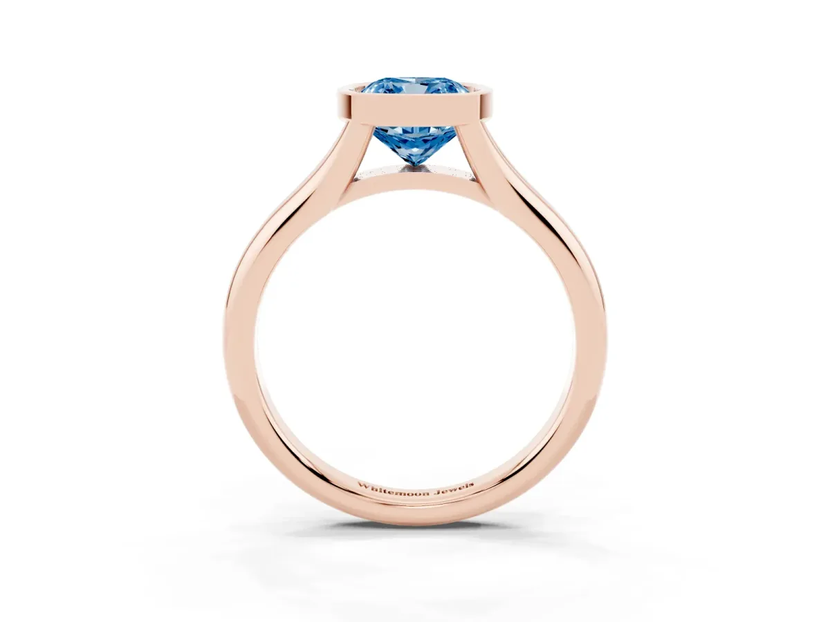 Fancy Blue Bezel Set Cushion Cut Solitaire Diamond Ring with Smooth Band Rose gold