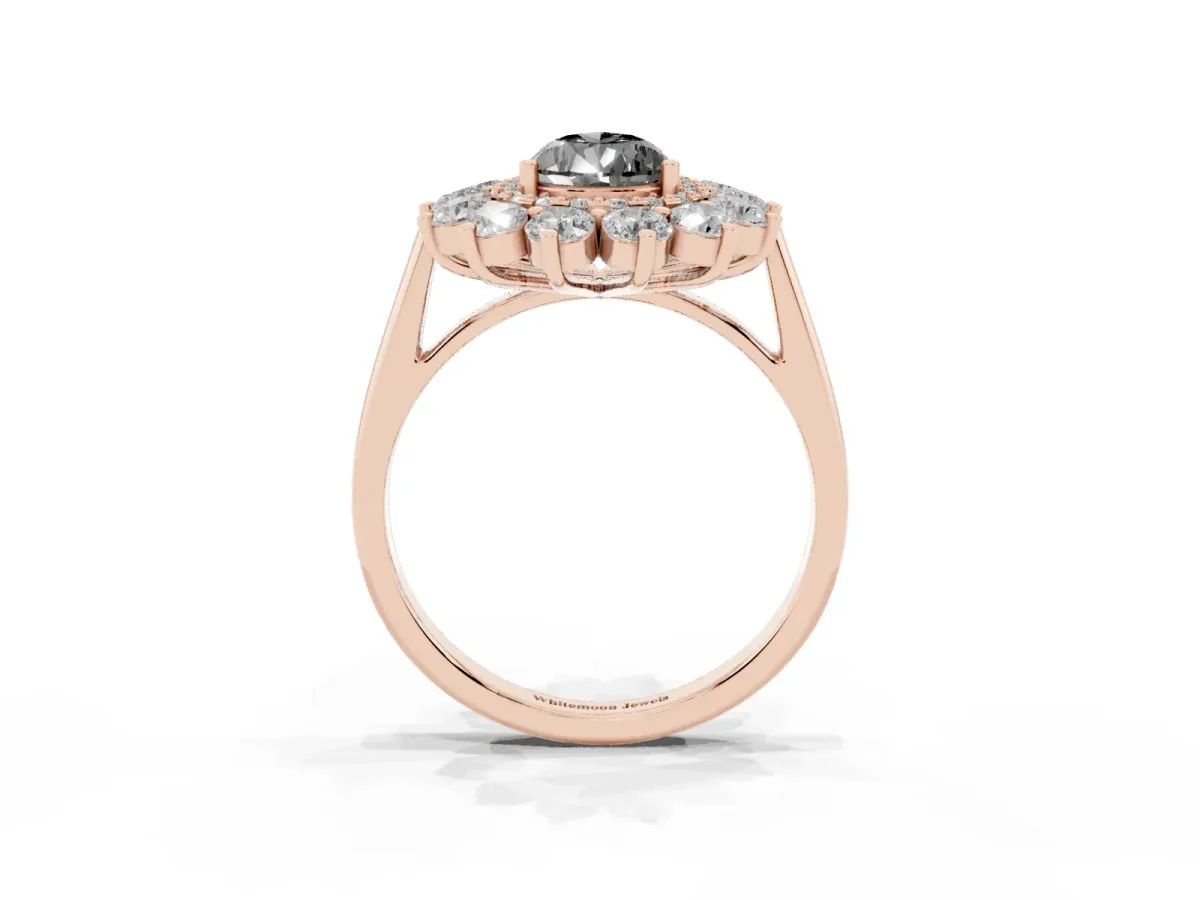 Fancy Black Pear Cut Diamond Floral Double Halo Engagement Ring with Prong Setting Rose gold