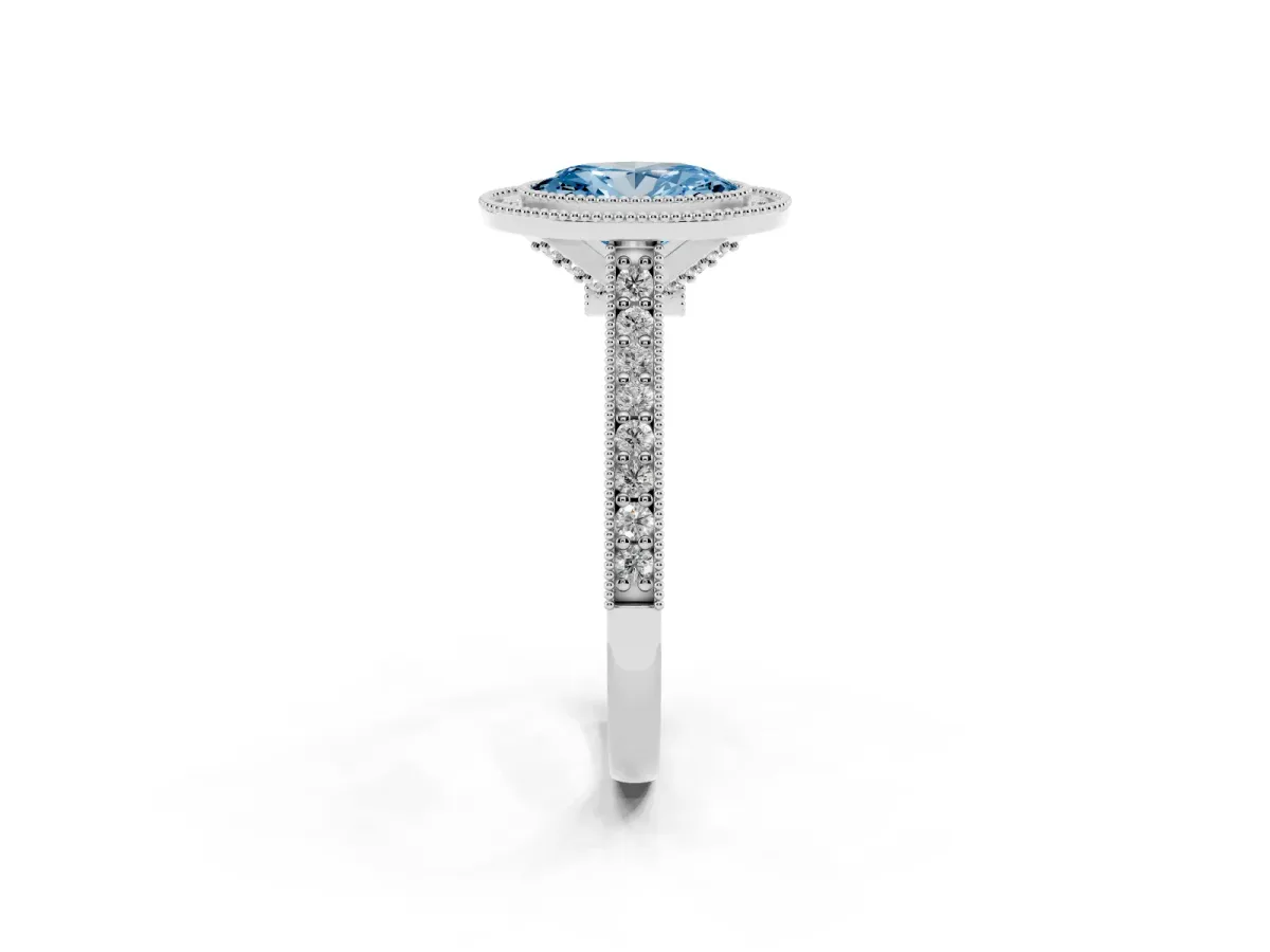 Fancy Blue Halo Oval Cut-Cut Diamond Pave Band Milgrain Prong Setting Ring Silver