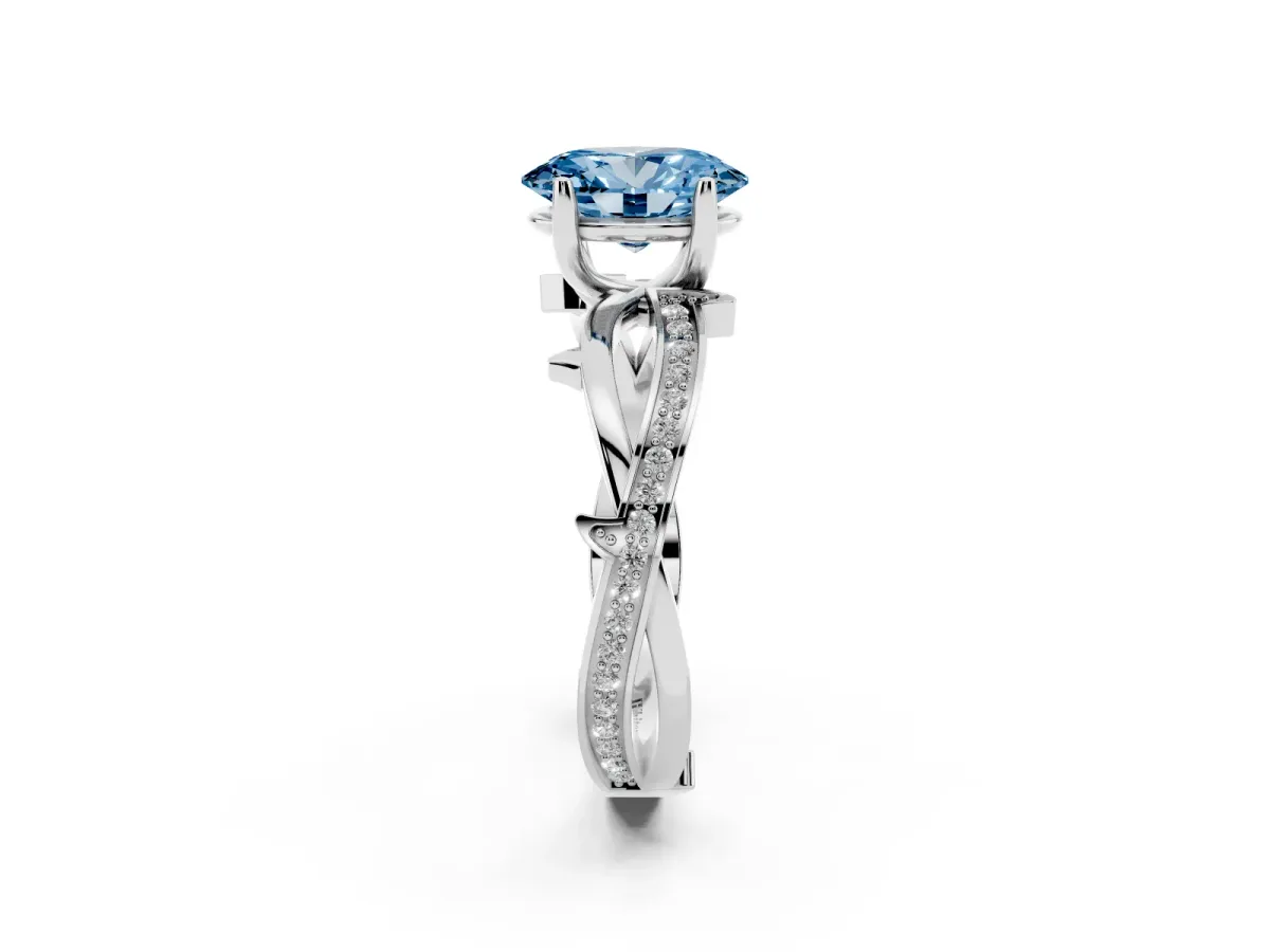 Fancy Blue Oval Cut Solitaire Twist Band with Pavé Accents and Four-Prong Setting White gold