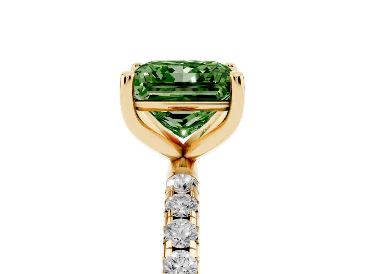 Fancy Green Princess Cut Cut Diamond Solitaire Ring with Micro Pave Band and Four Prong Setting Yellow gold