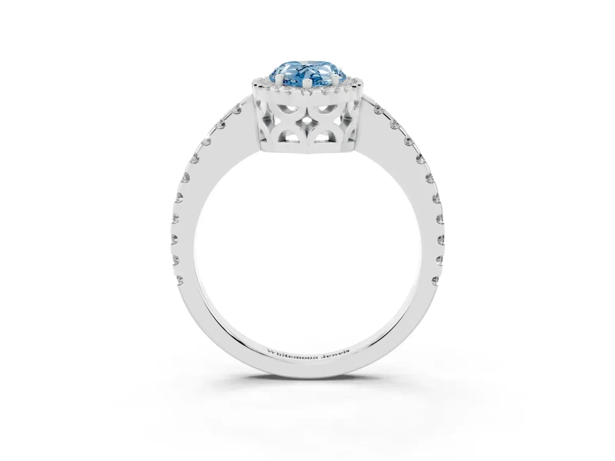Fancy Blue Pear Cut Diamond Halo Engagement Ring with Pavé Band and Prong Setting Silver