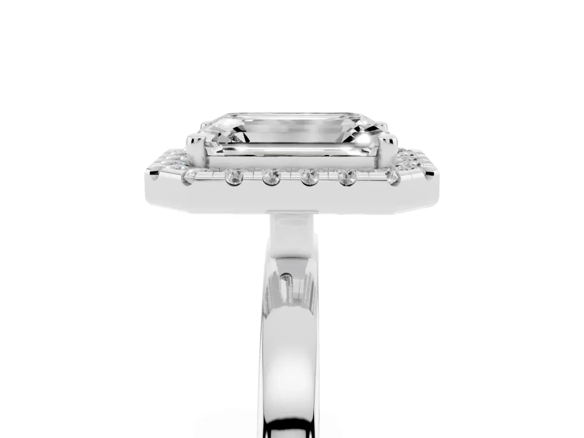 Emerald Cut Halo Diamond Solitaire with Pavé Band and Four-Prong Setting White gold