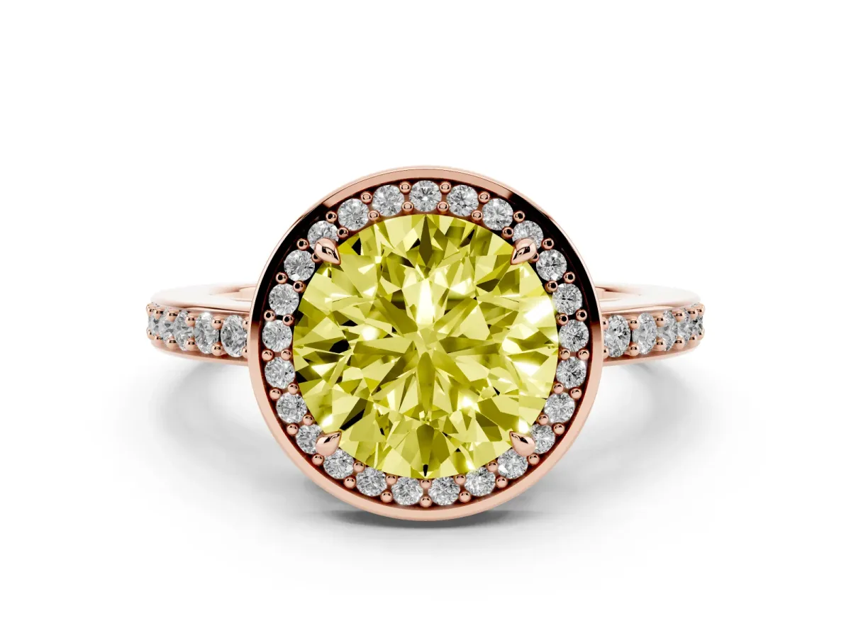 Fancy Yellow Round Cut Halo Pave Band Solitaire Ring with Prong Setting Rose gold