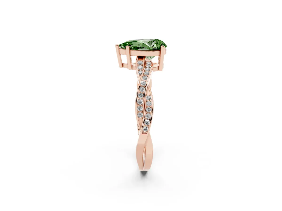 Fancy Green Pear Cut Solitaire Twisted Pave Diamond Ring with Four-Prong Setting Rose gold