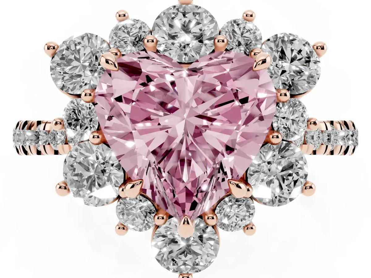 Fancy Pink Heart Cut Diamond Floral Halo Ring with Round Pavé Band and Prong Setting Rose gold