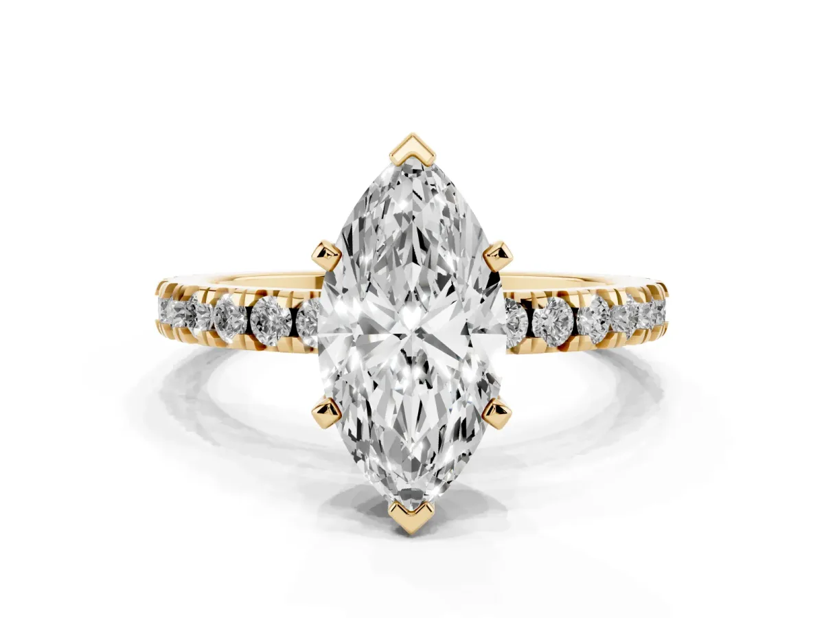 Marquise Cut Diamond Pavé Band Solitaire with Four-Prong Setting Yellow gold