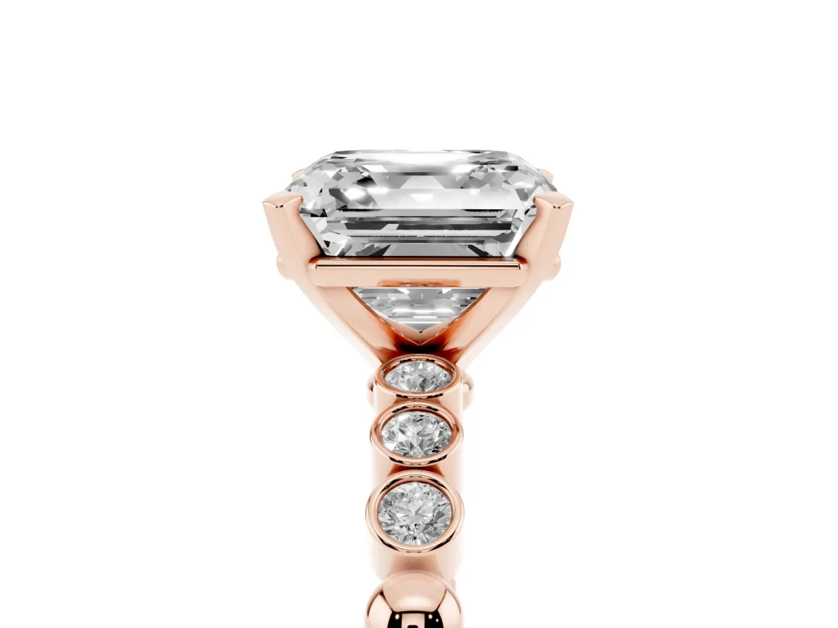 Asscher Cut Solitaire Bezel Accent Diamond Engagement Ring with Beaded Band and Four-Prong Setting Rose gold
