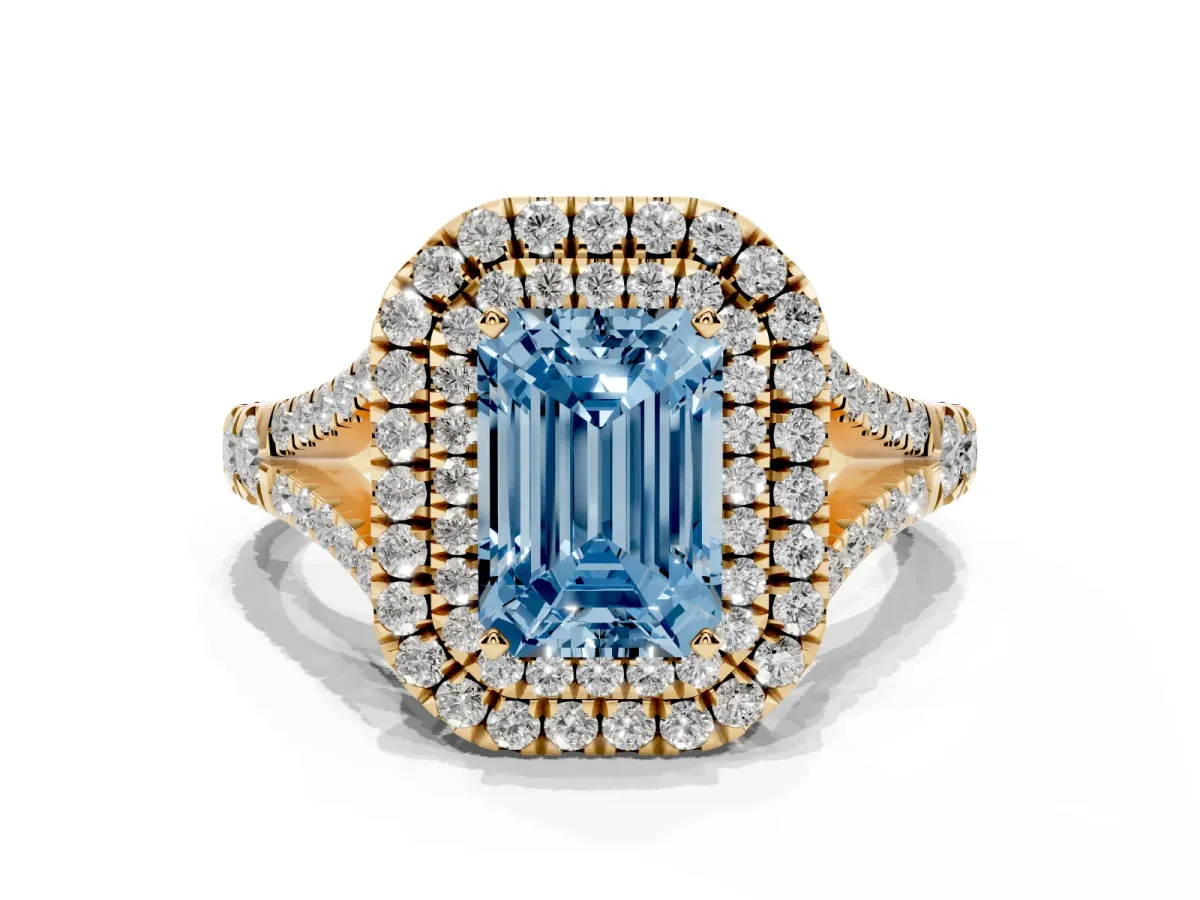 Fancy Blue Emerald Cut Diamond Pavé Split Shank Double Halo Engagement Ring Yellow gold