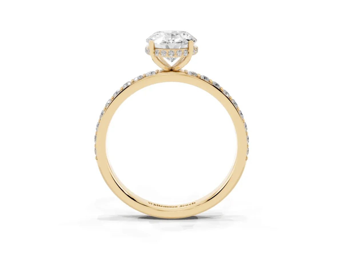 Oval Cut Diamond Solitaire Ring with Pavé Band and Hidden Halo Yellow gold