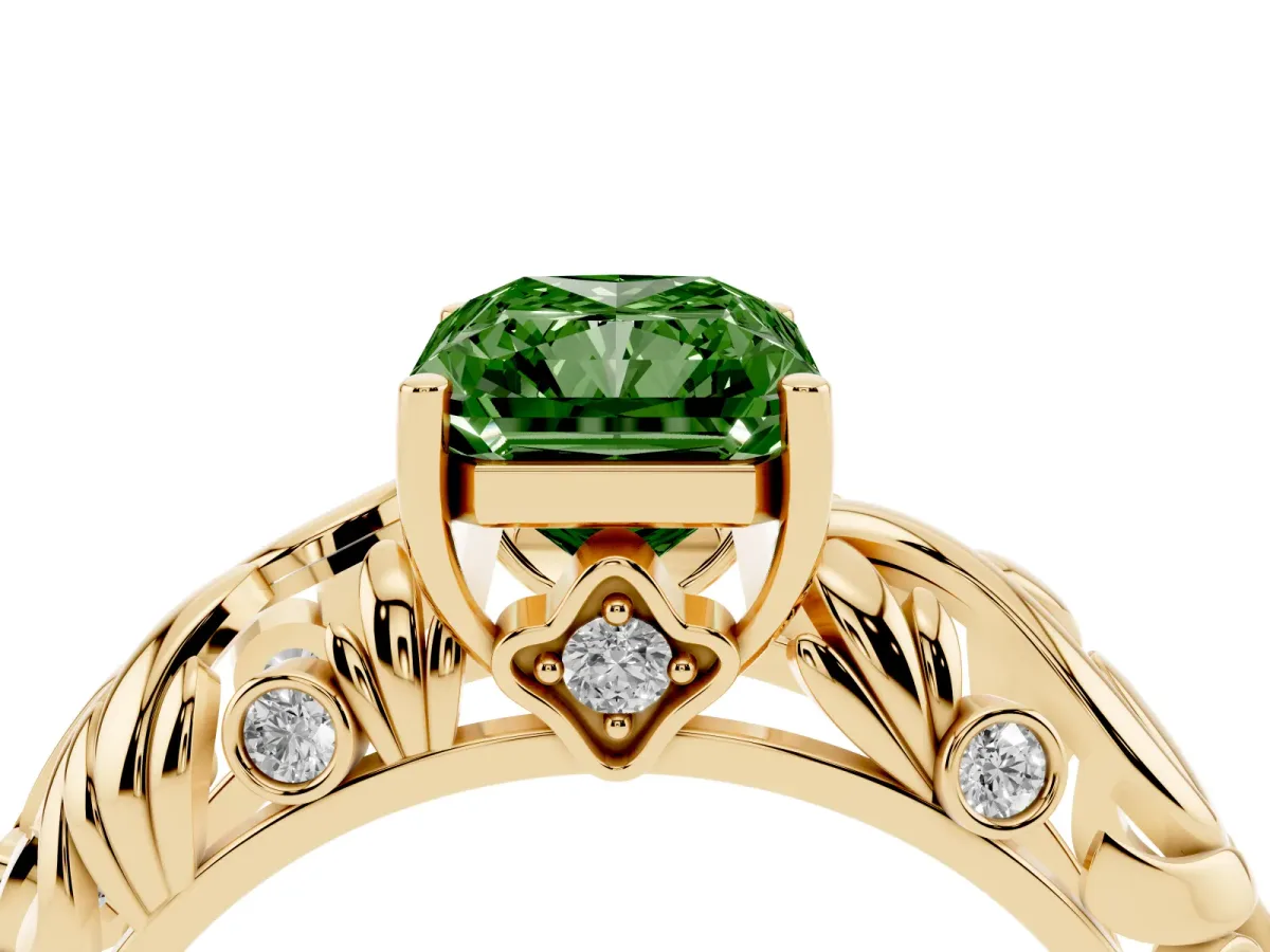Fancy Green Radiant Cut Solitaire Diamond Leaf-Inspired Vine Band Ring with Prong Setting Yellow gold