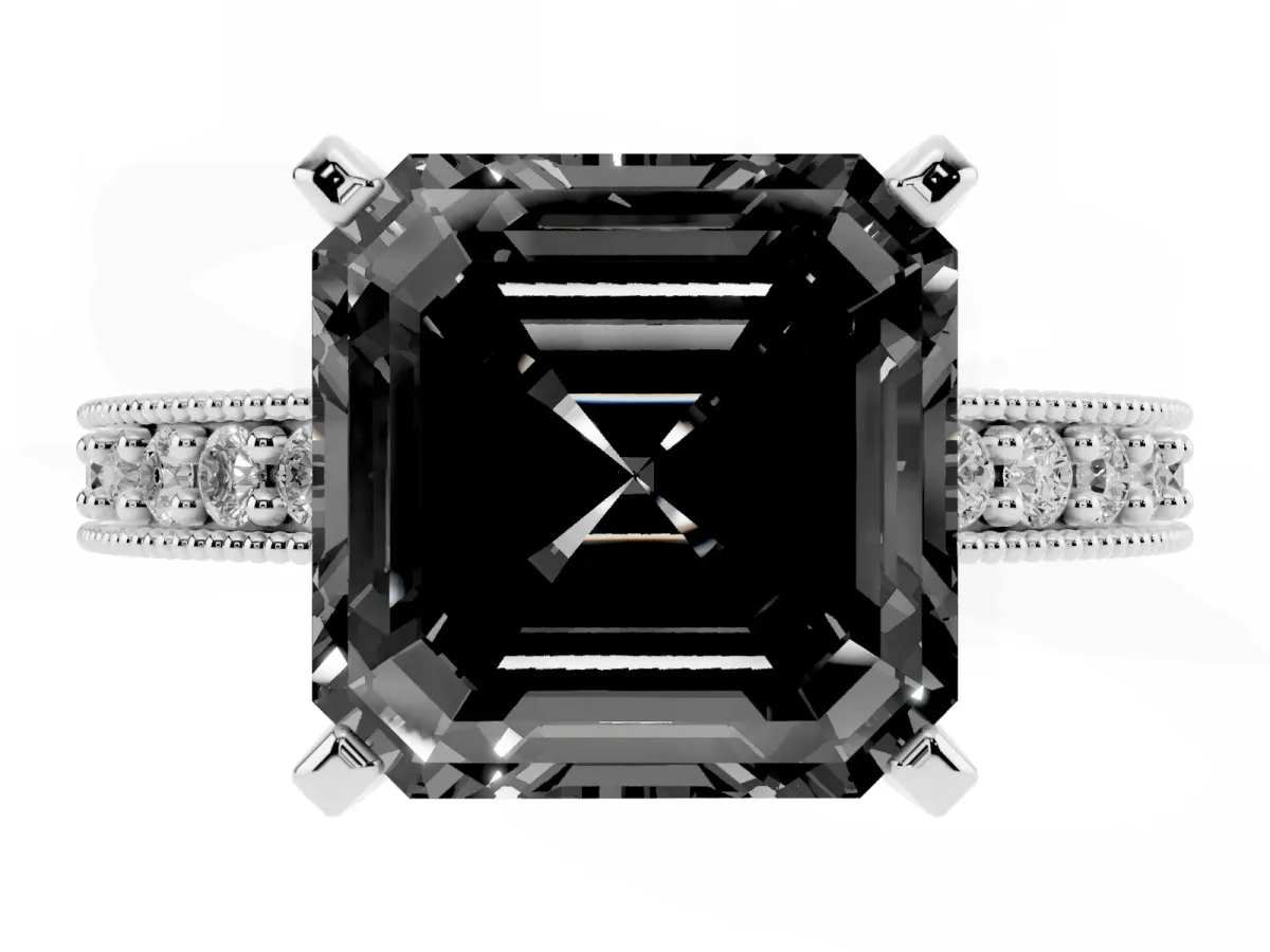 Fancy Black Asscher Cut Diamond Milgrain Pavé Engagement Ring with Four-Prong Setting Silver