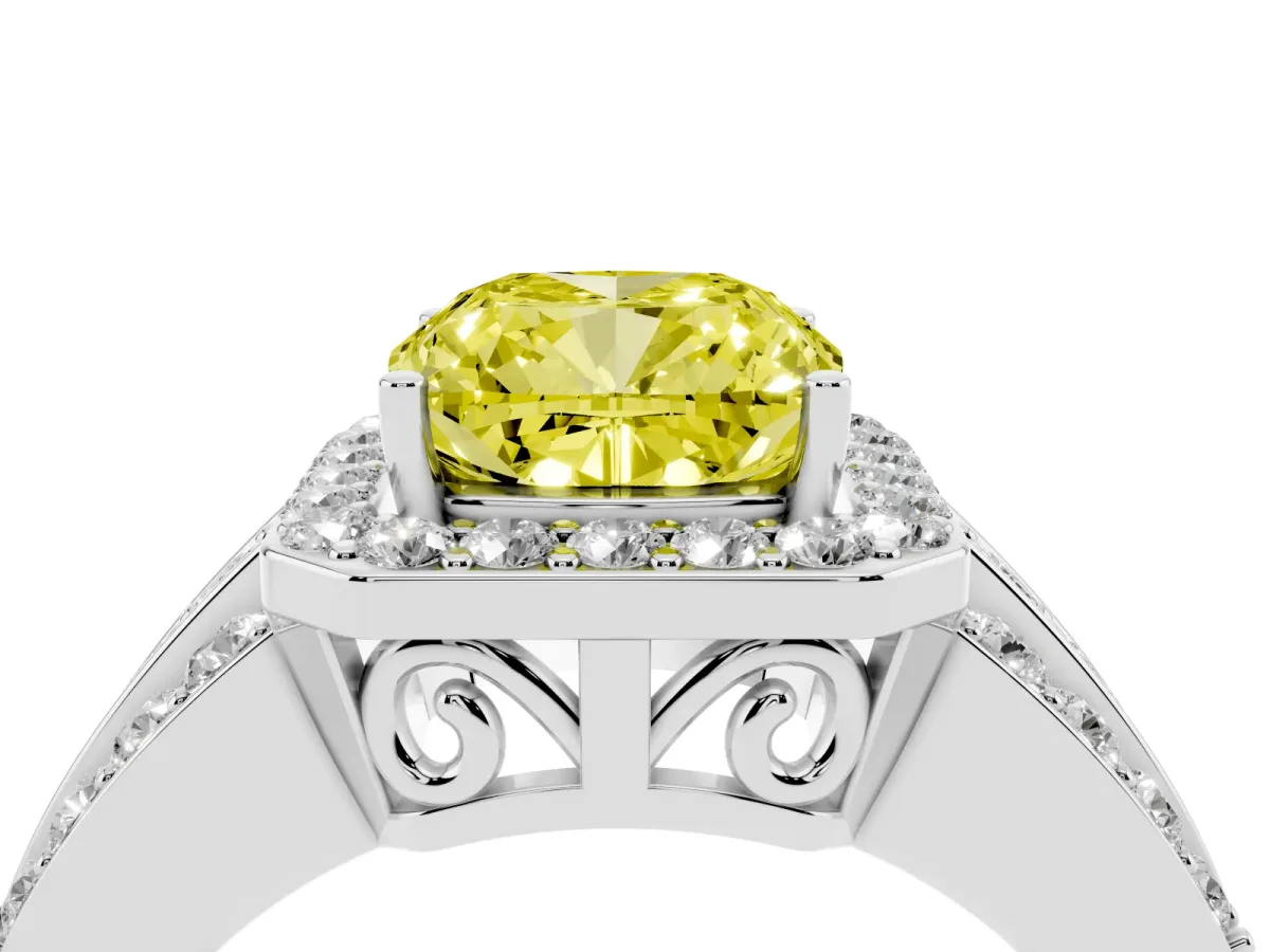 Fancy Yellow Cushion Cut Halo Diamond Ring with Round Split Shank and Prong Setting Silver