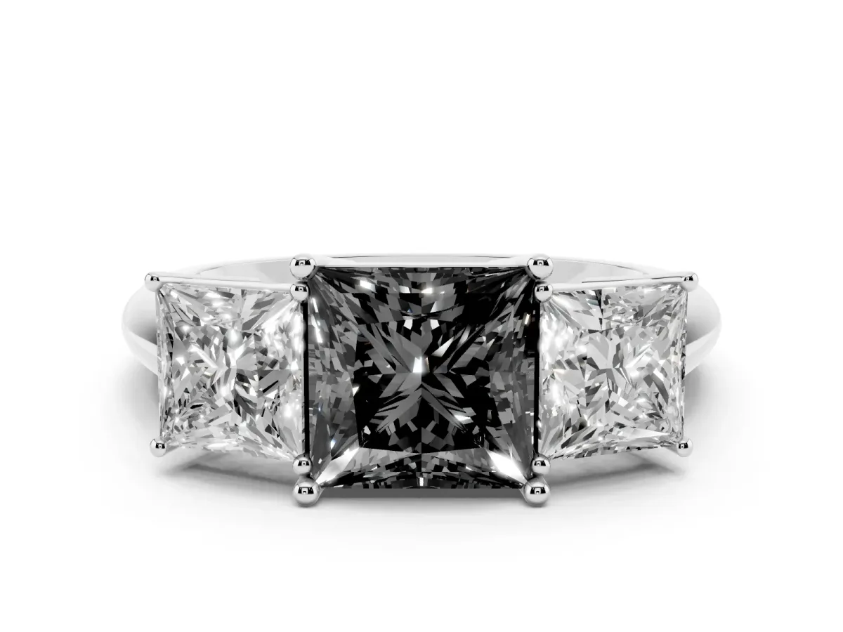Fancy Black Three-Stone Princess Cut Cut Diamond Engagement Ring with Prong Setting on a White Gold Band White gold
