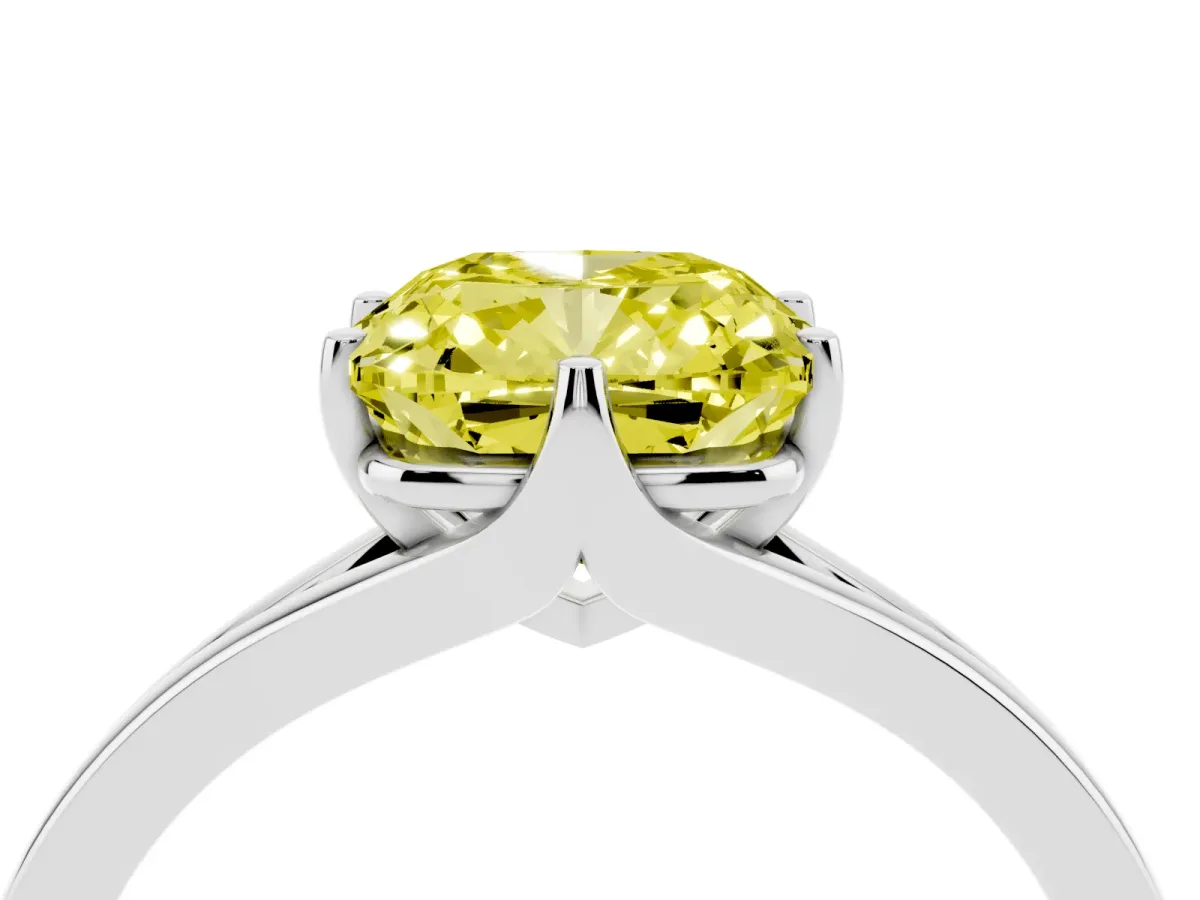 Fancy Yellow Cushion Cut Solitaire Diamond Ring with Six-Prong Setting and Tapered Band Silver