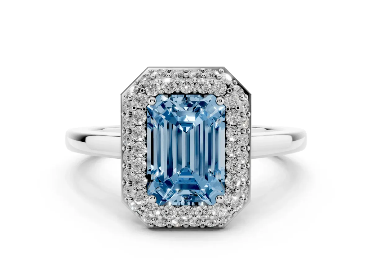 Fancy Blue Emerald Cut Halo Diamond Engagement Ring with Solitaire Band and Four-Prong Setting Silver