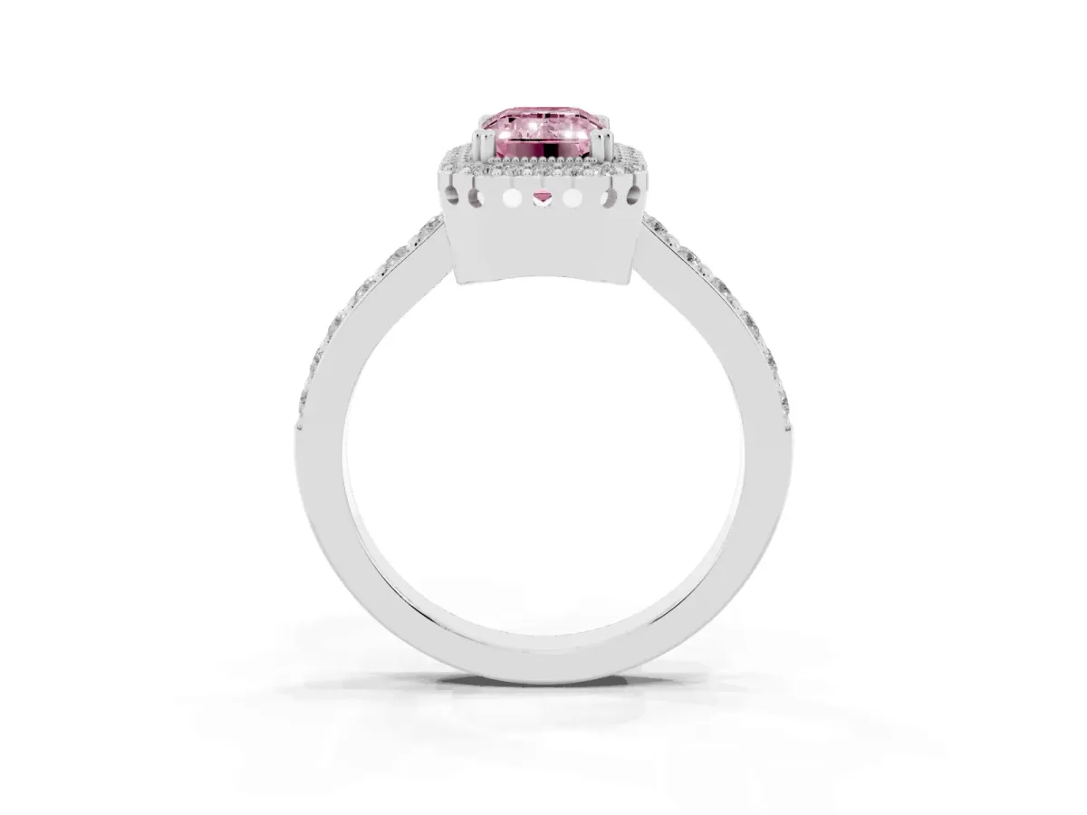 Fancy Pink Emerald Cut Cut Diamond Halo Engagement Ring with Milgrain Detail and Pavé Band White gold