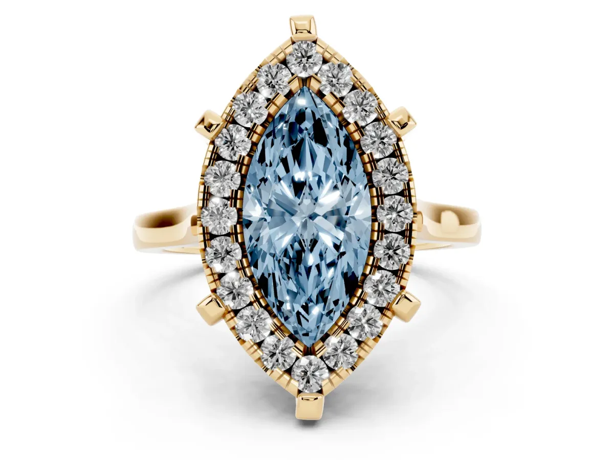 Fancy Blue Marquise Cut Diamond Cluster Halo Solitaire with Four-Prong Setting Yellow gold