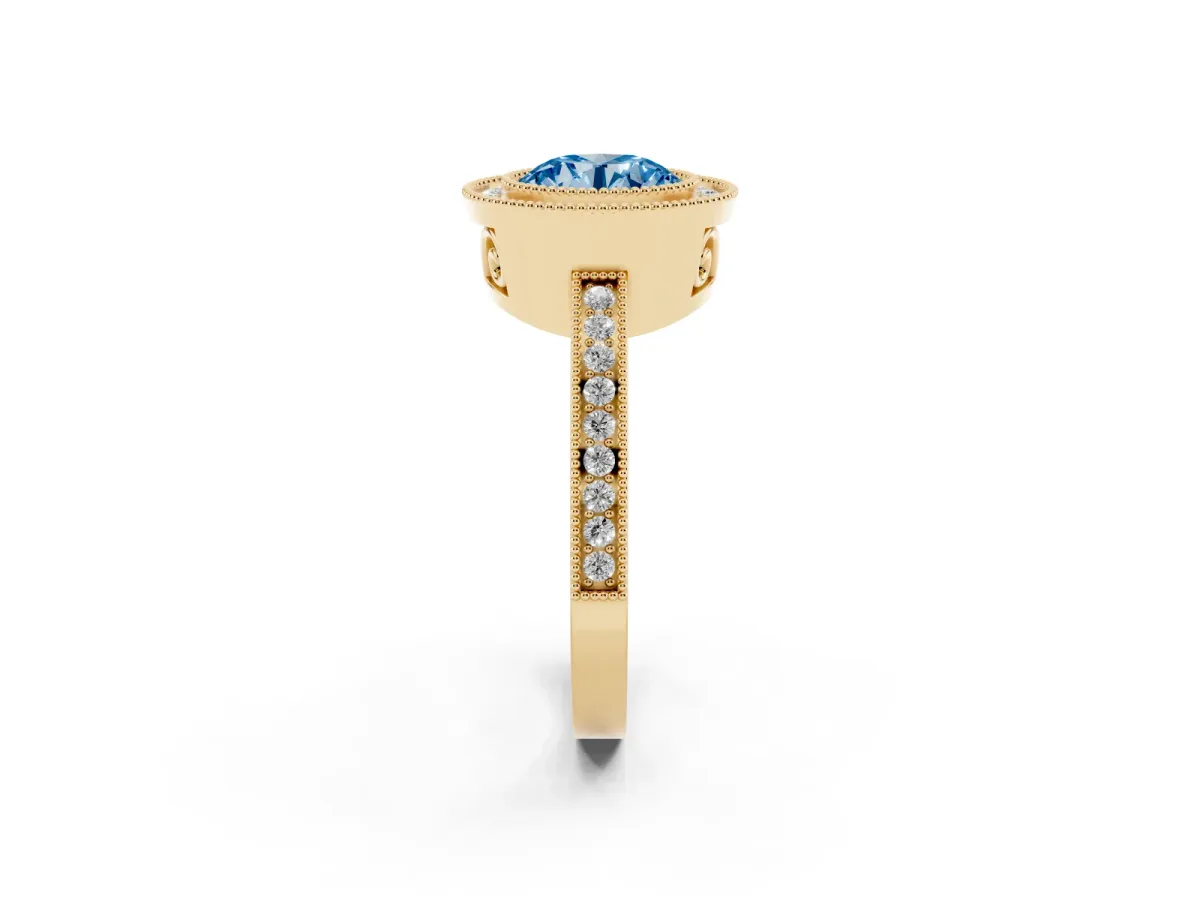 Fancy Blue Round Cut Cut Halo Diamond Ring with Pavé Band and Milgrain Prong Setting Yellow gold
