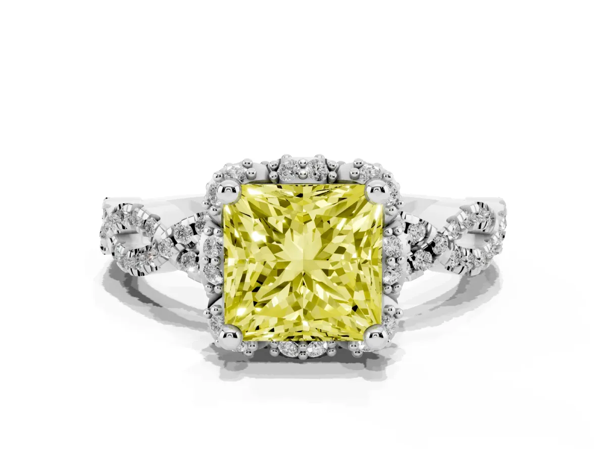 Fancy Yellow Princess Cut Halo Twist Band Solitaire Ring with Six-Prong Setting Silver