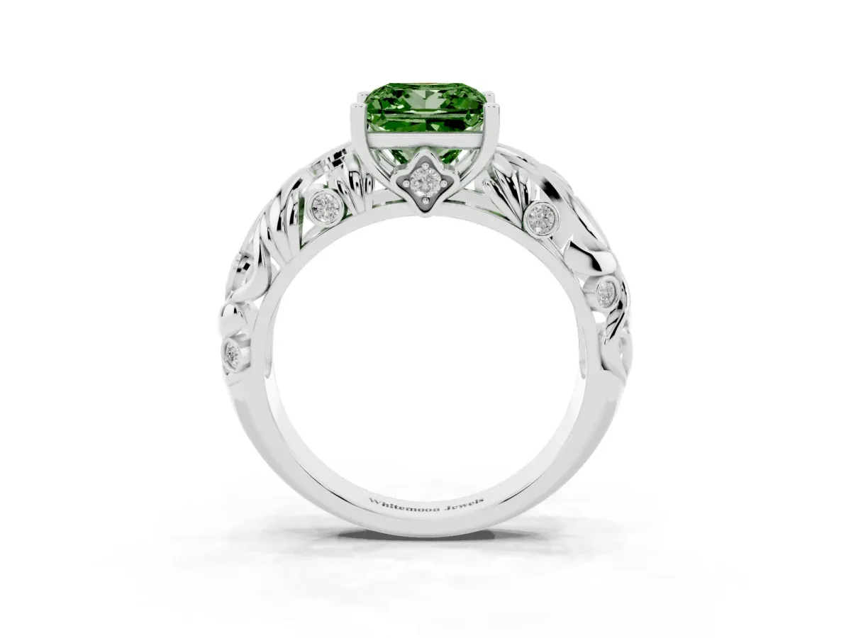 Fancy Green Princess Cut Solitaire Diamond Leaf-Inspired Vine Band Ring with Prong Setting Silver