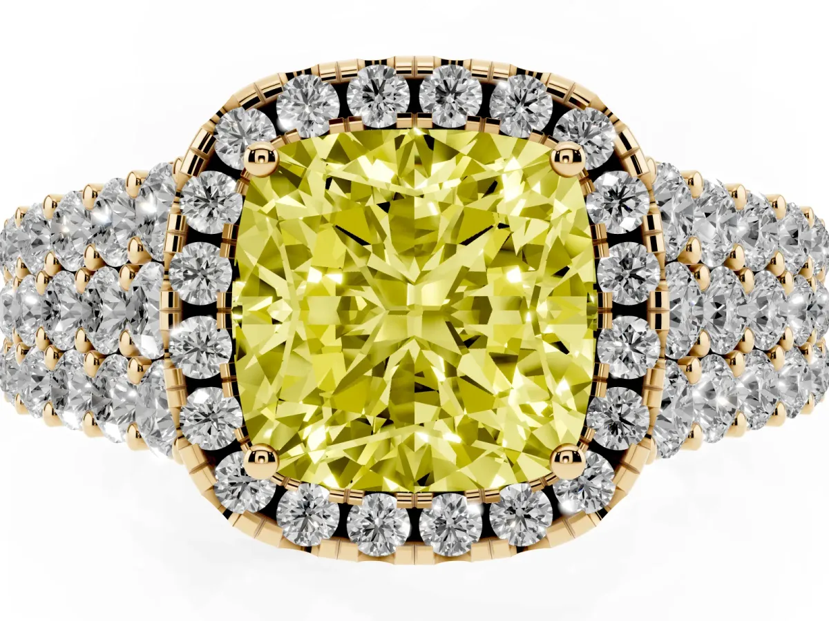 Fancy Yellow Cushion Cut Diamond Halo Engagement Ring with Triple Row Round Pavé Band and Prong Setting Yellow gold