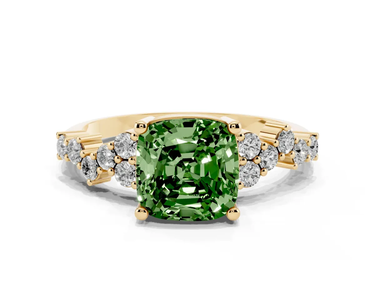 Fancy Green Cushion Cut Diamond Scattered Round Accent Ring with Prong Setting Yellow gold