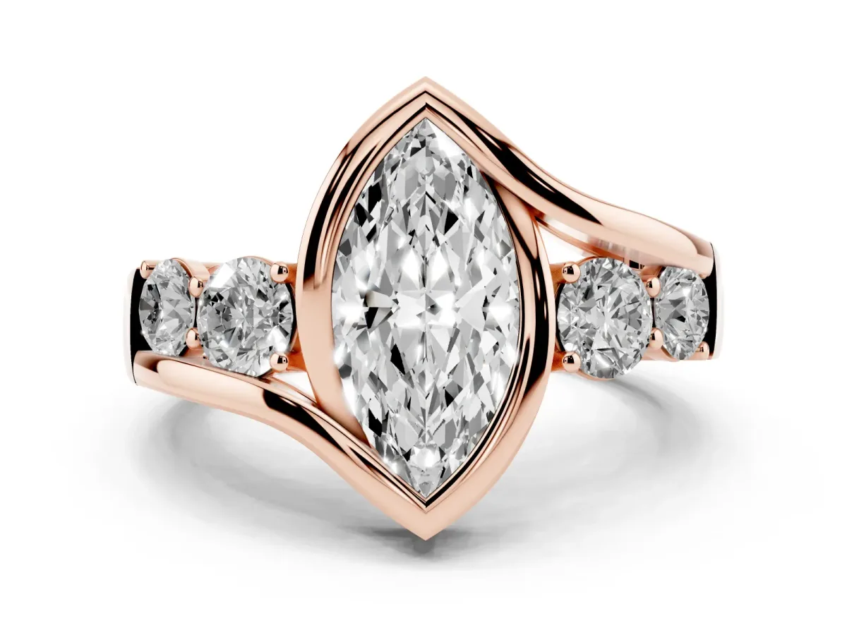 Bezel Set Marquise Cut Diamond Bypass Ring with Round Accents Rose gold