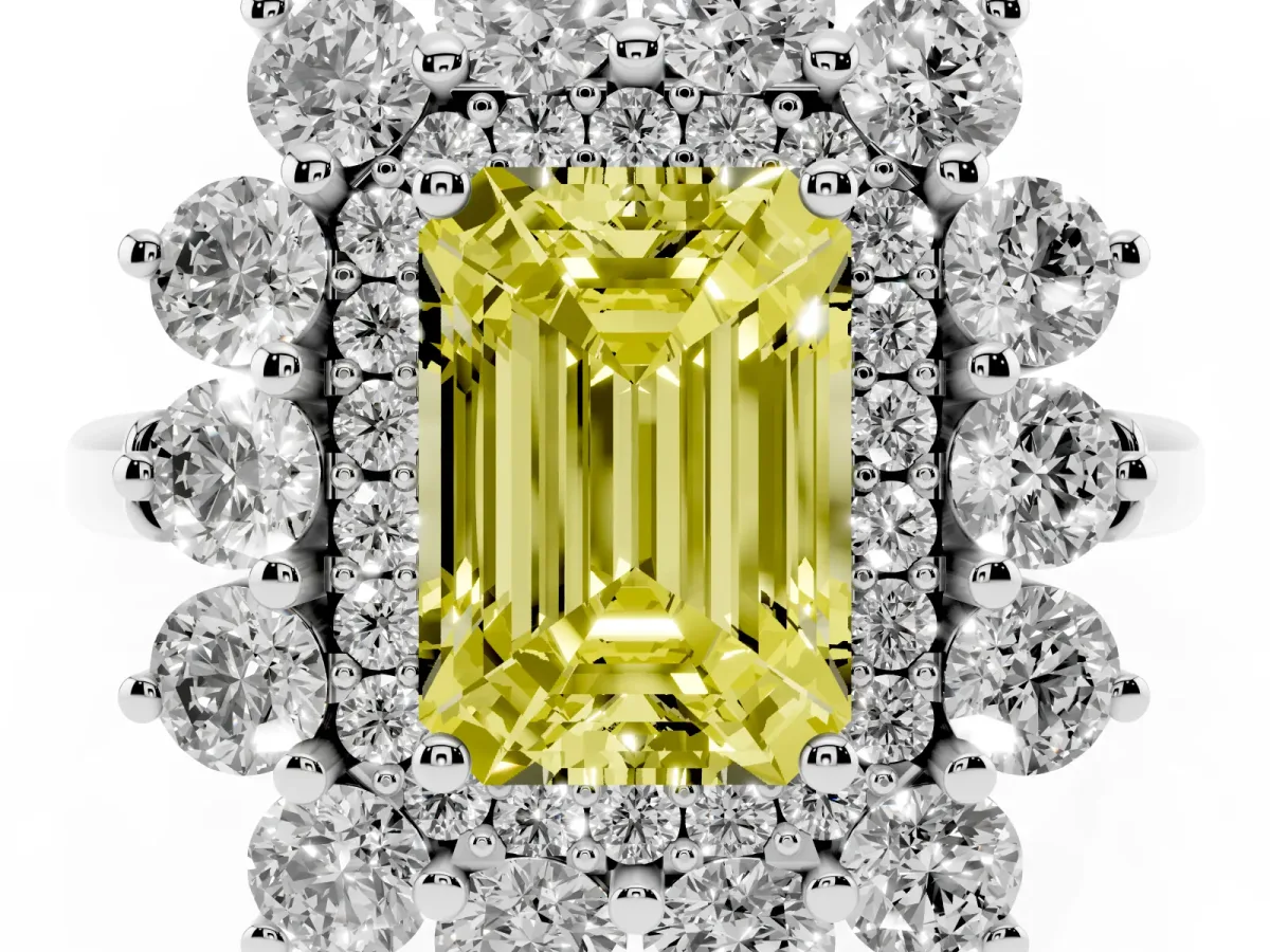 Fancy Yellow Emerald Cut Diamond Floral Double Halo Engagement Ring with Prong Setting Silver