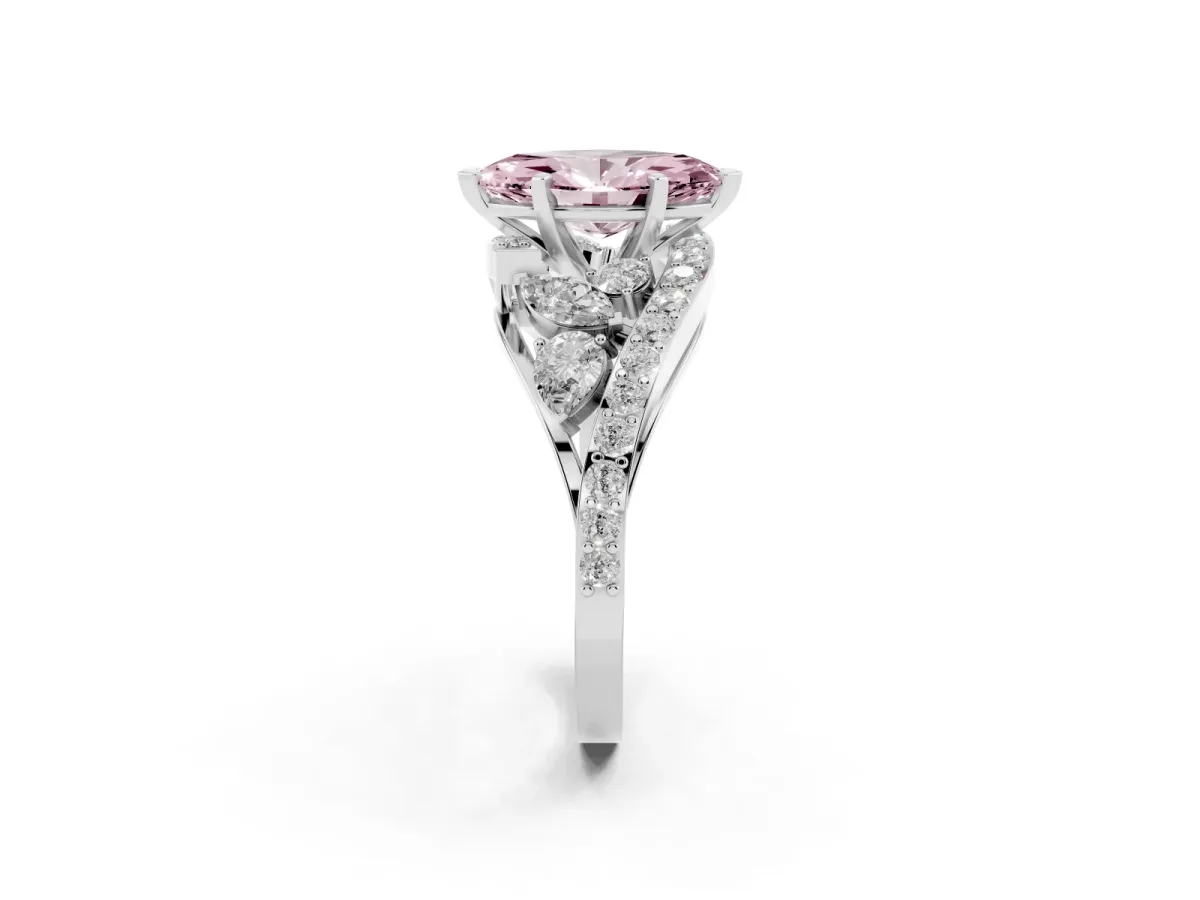 Fancy Pink Marquise Cut Diamond Halo Ring with Marquise and Pavé Band in Prong Setting Silver