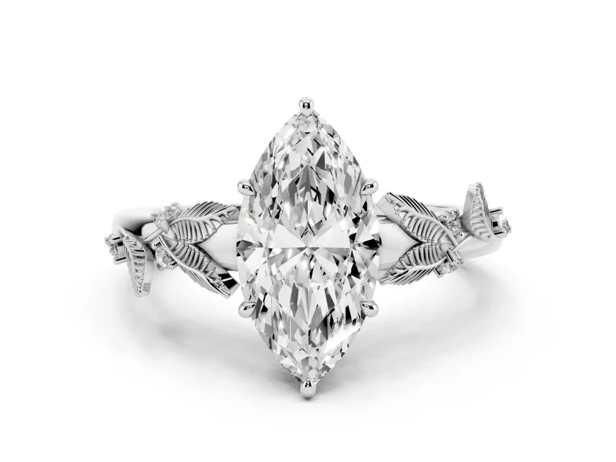 Marquise Cut Diamond Solitaire Ring with Leaf Motif Band and Four-Prong Setting Silver