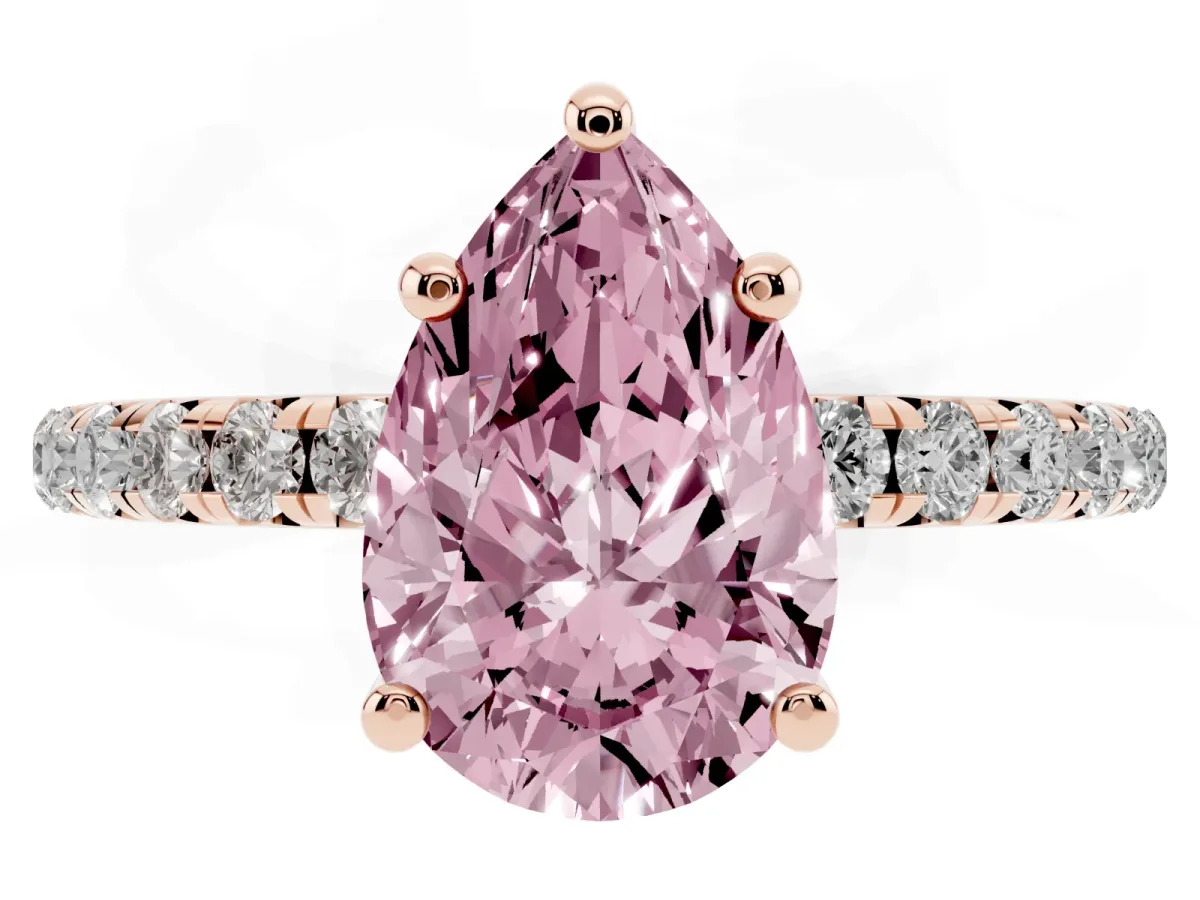 Fancy Pink Pear Cut Cut Diamond Solitaire Ring with Micro Pave Band and Four Prong Setting Rose gold