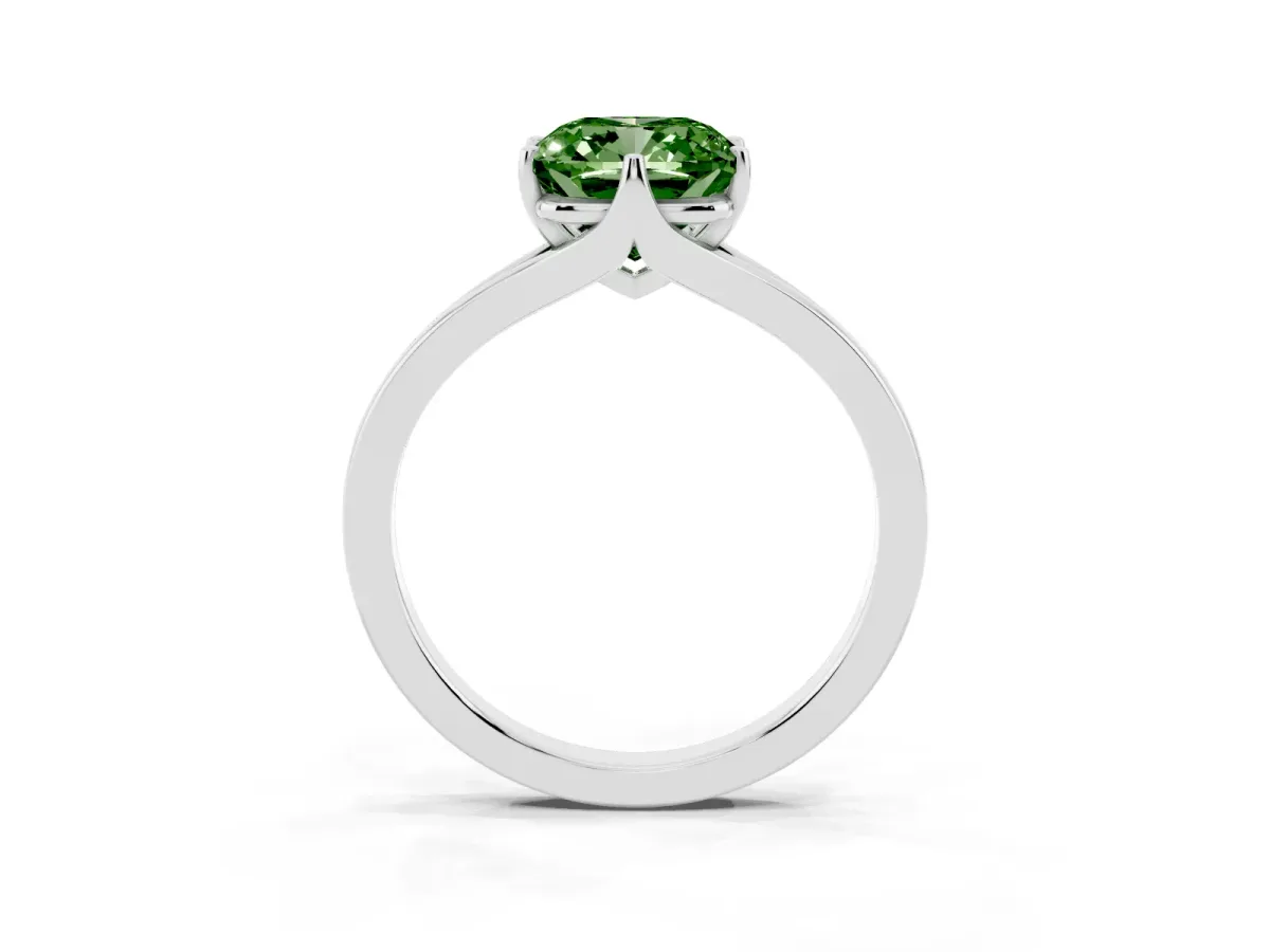 Fancy Green Cushion Cut Solitaire Diamond Ring with Six-Prong Setting and Tapered Band Silver