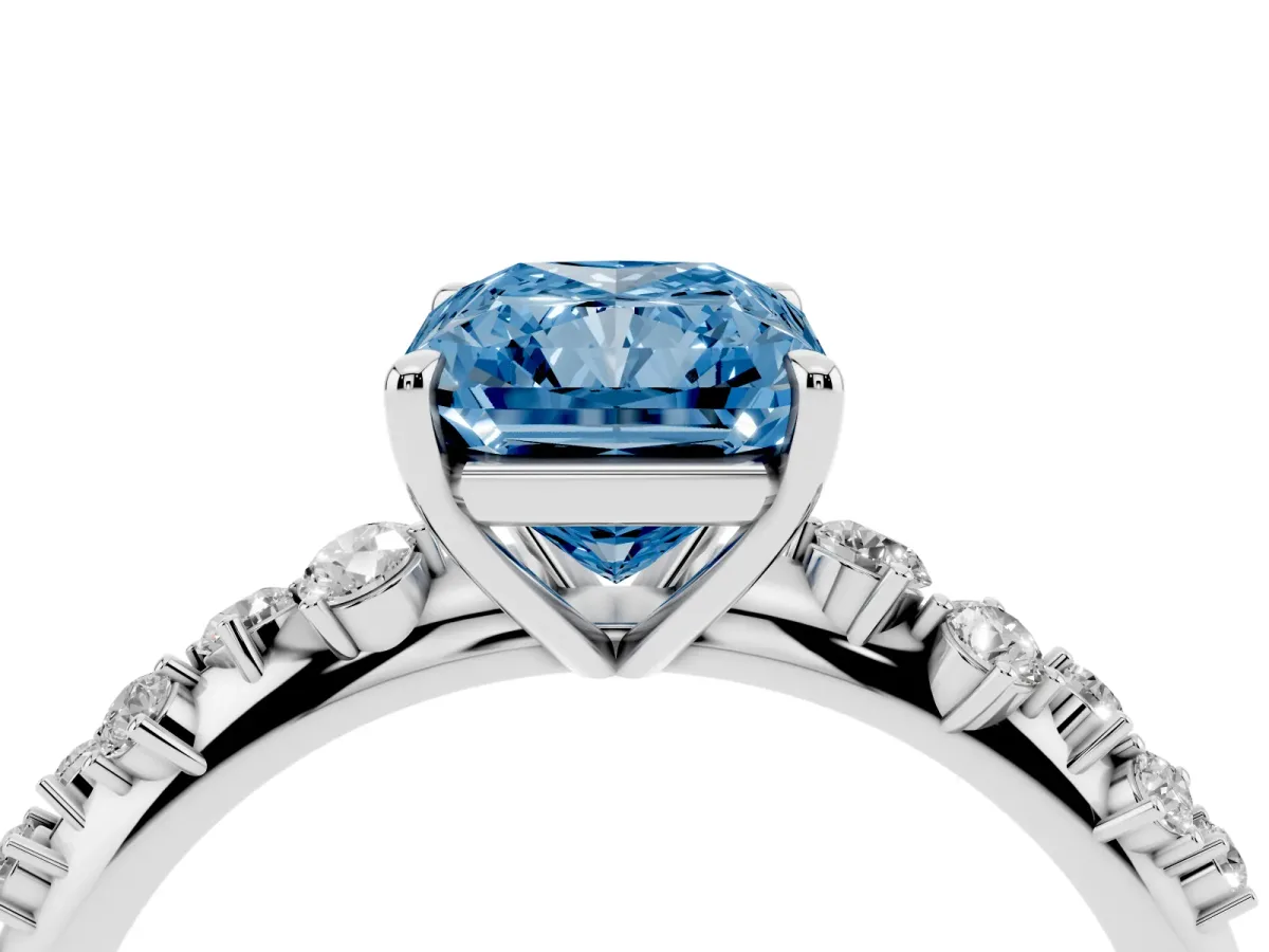 Fancy Blue Radiant Cut Diamond Cluster Side Stone Solitaire Ring with Prong Setting Silver
