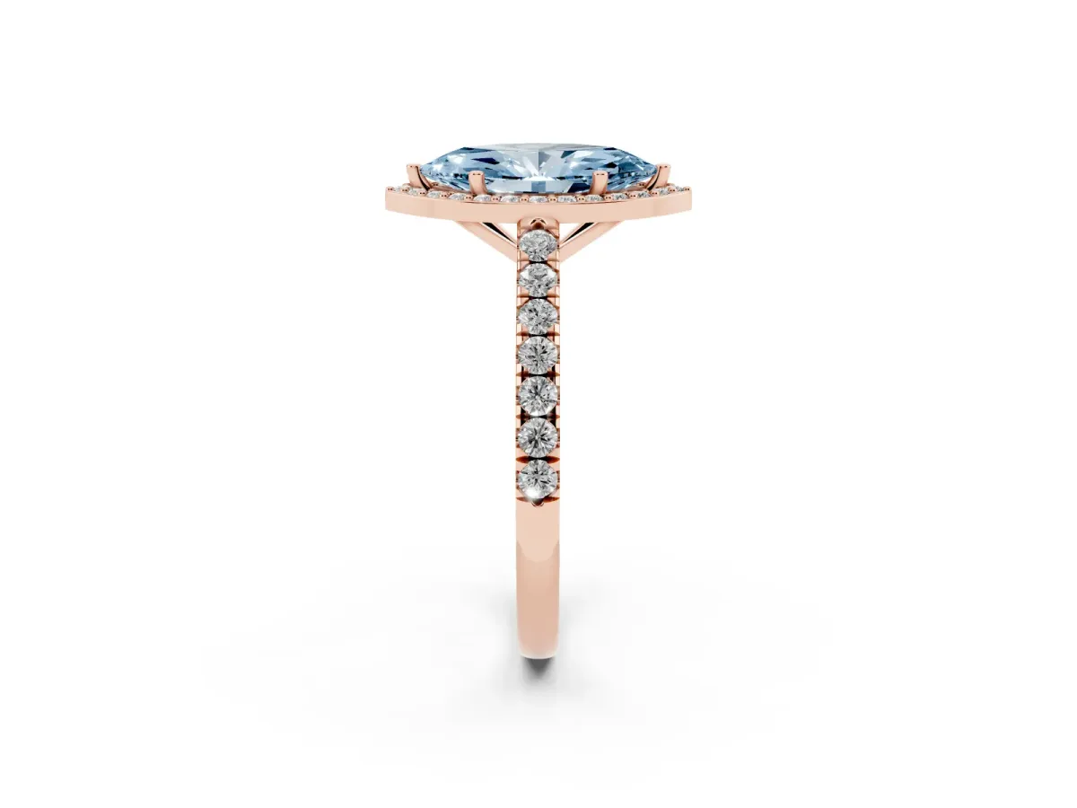 Fancy Blue Marquise Cut Cut Halo Diamond Engagement Ring with Pave Band and Four-Prong Setting Rose gold