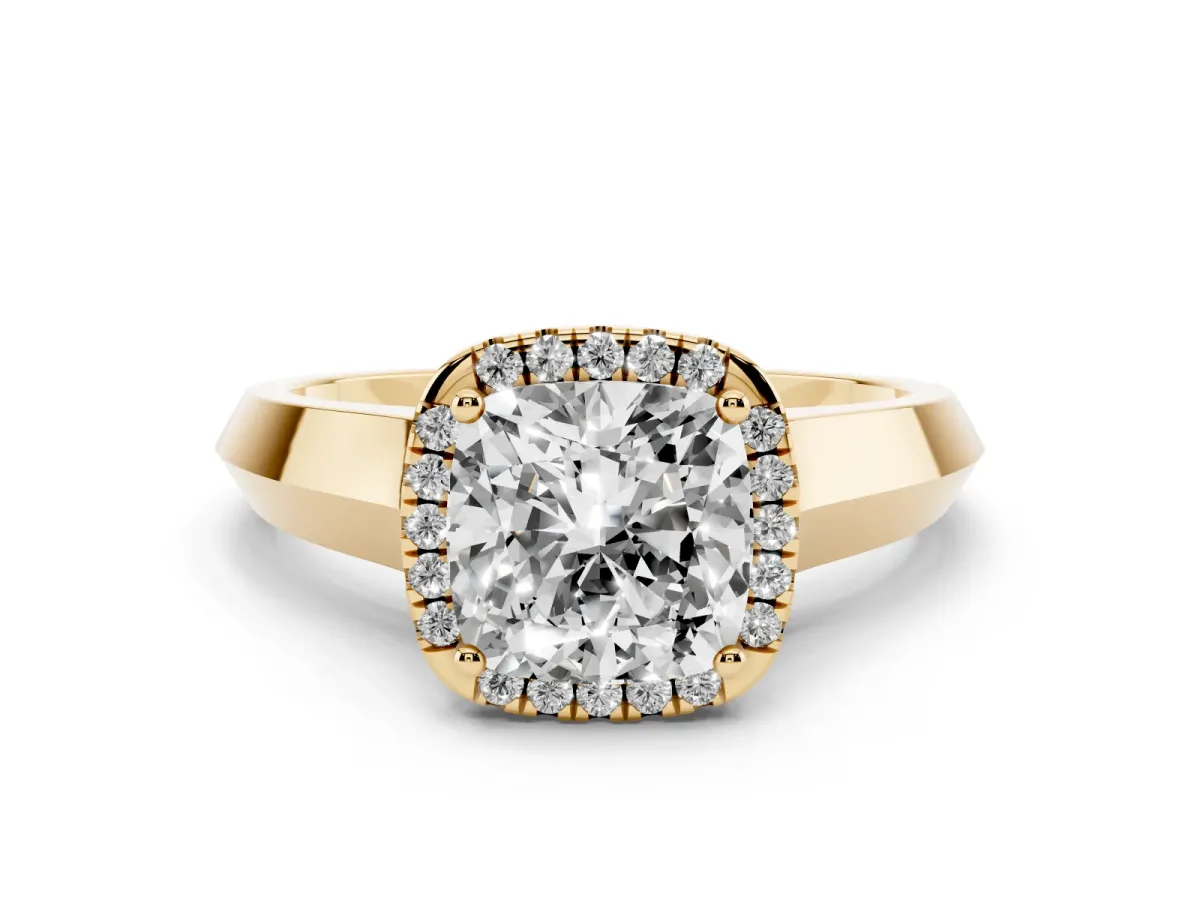 Cushion Cut Halo Diamond Ring with Cathedral Band and Four-Prong Setting Yellow gold