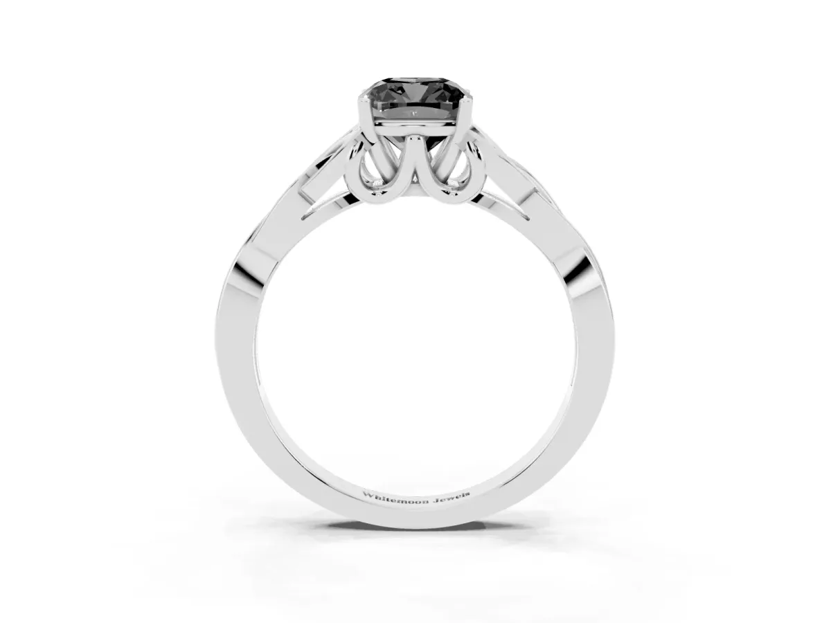 Fancy Black Cushion Cut Diamond Solitaire Engagement Ring with Celtic Knot Band and Four-Prong Setting Platinum