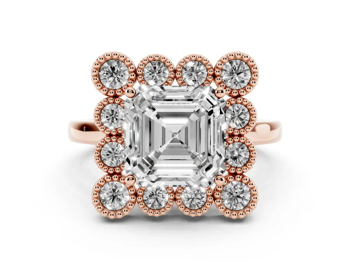 Asscher Cut Halo Diamond Cluster Engagement Ring with Milgrain Bezel Setting and Solitaire Band Rose gold