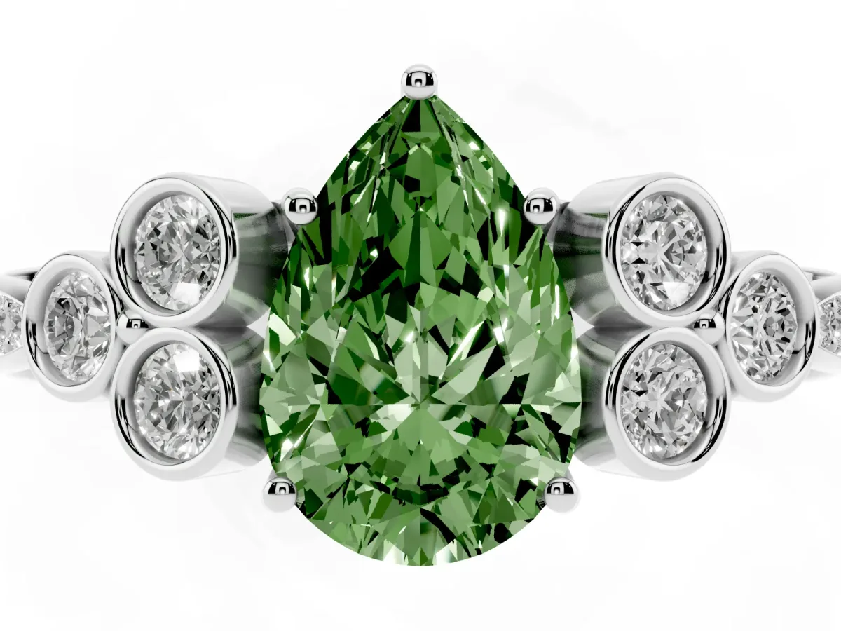 Fancy Green Pear Cut Cut Diamond Engagement Ring with Bezel Set Round Side Stones and Prong Setting Silver