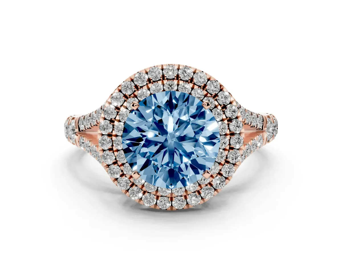 Fancy Blue Double Halo Round Cut Diamond Split Shank Engagement Ring with Four-Prong Setting Rose gold