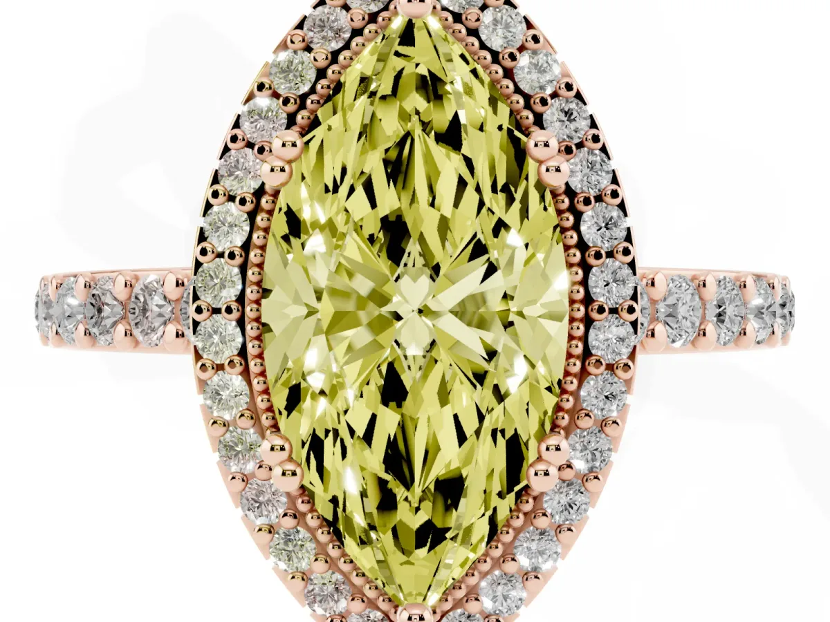 Fancy Yellow Marquise Cut Cut Diamond Halo Engagement Ring with Milgrain Detail and Pavé Band Rose gold