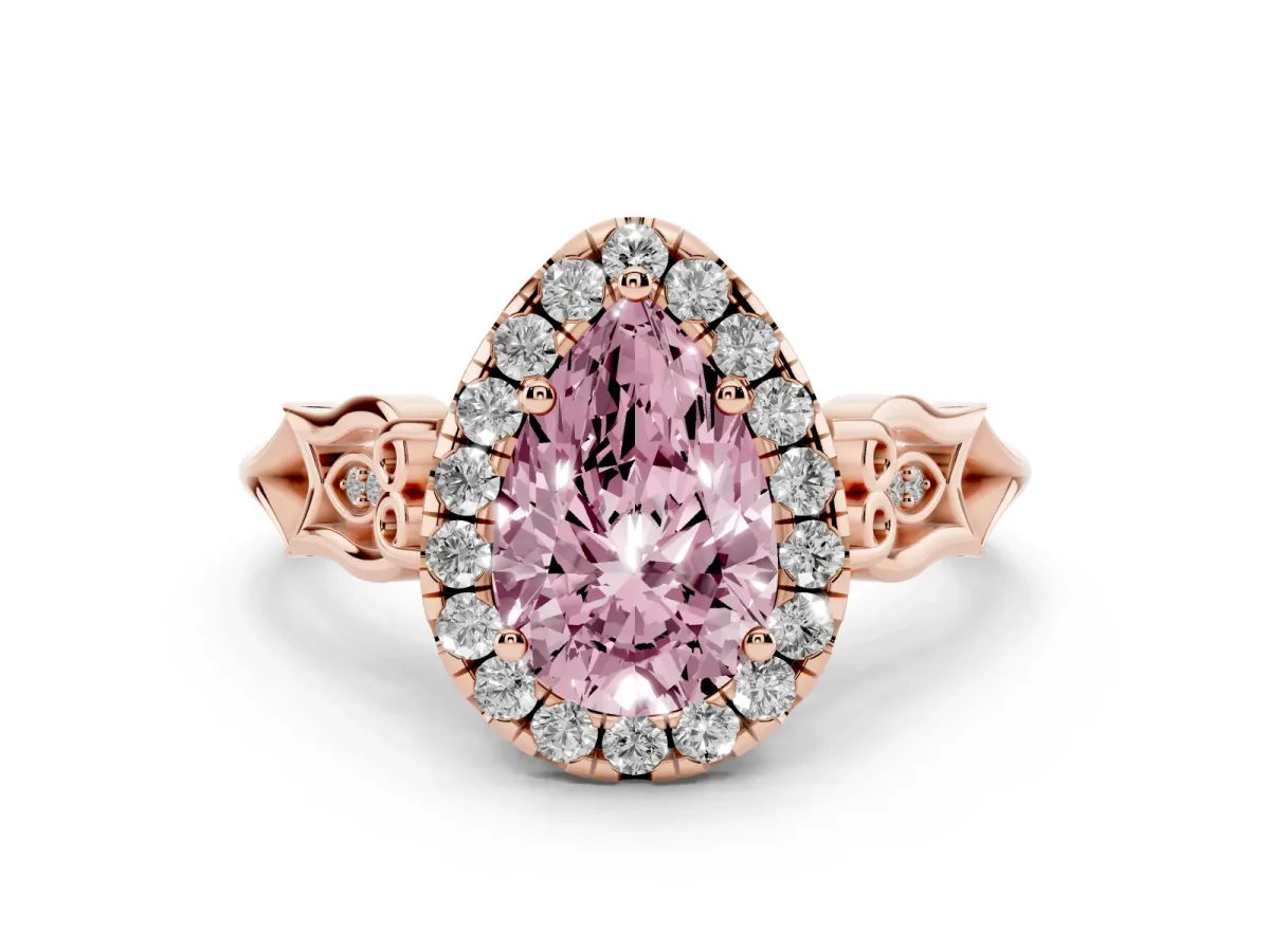 Fancy Pink Pear Cut Halo Diamond Engagement Ring with Filigree Band and Four-Prong Setting Rose gold