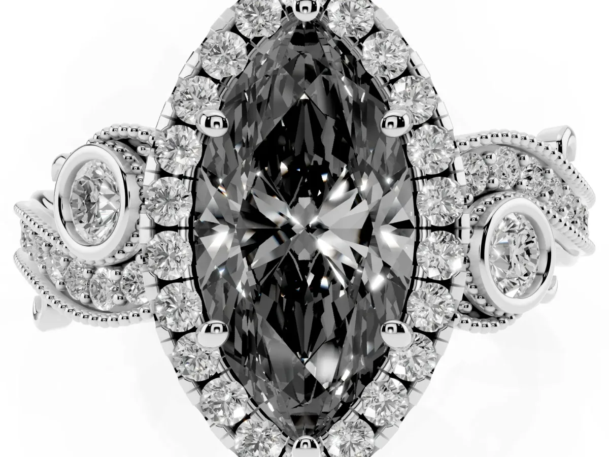 Fancy Black Marquise Cut Halo Diamond Ring with Milgrain and Bezel Accents on a Split Shank Band Platinum