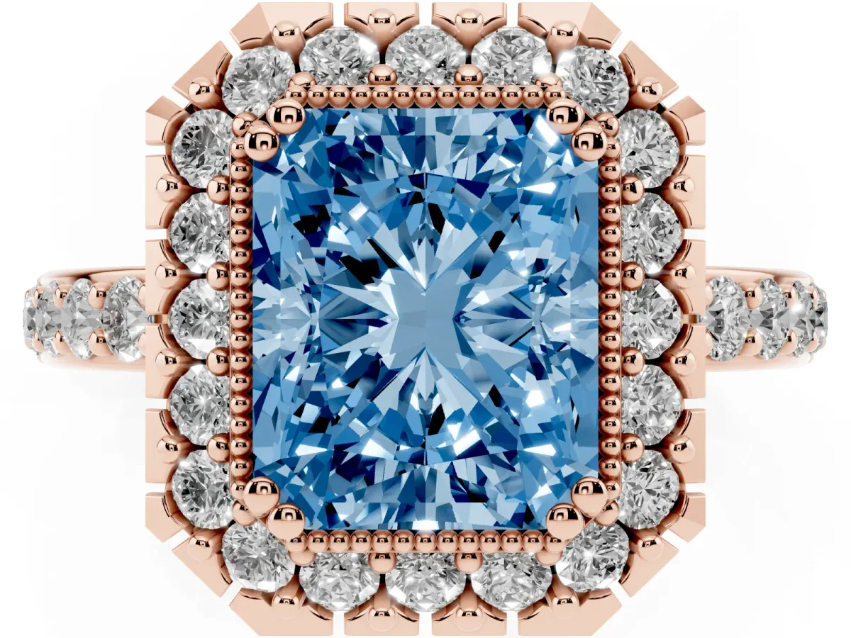 Fancy Blue Radiant Cut Diamond Halo Ring with Pavé Band and Prong Setting Rose gold