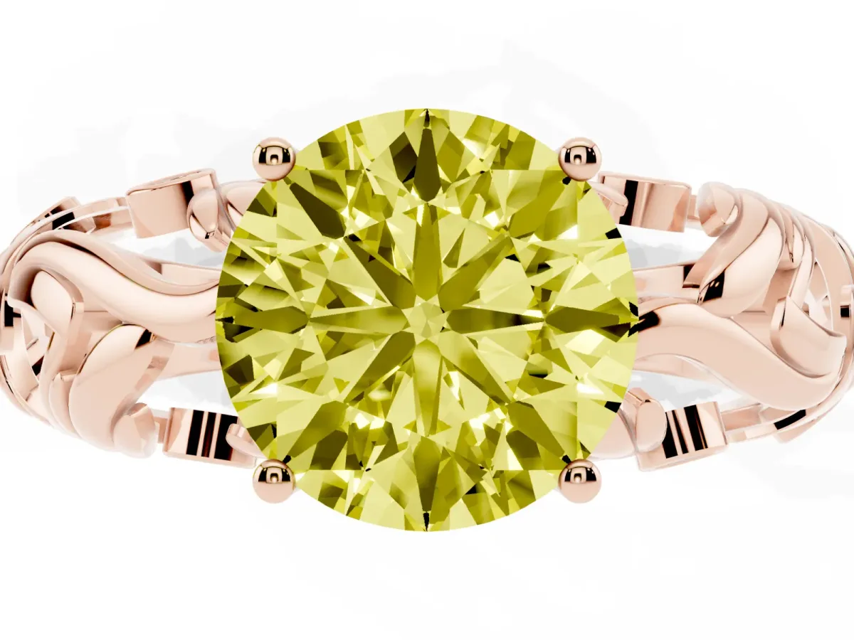 Fancy Yellow Round Cut Solitaire Diamond Leaf-Inspired Vine Band Ring with Prong Setting Rose gold