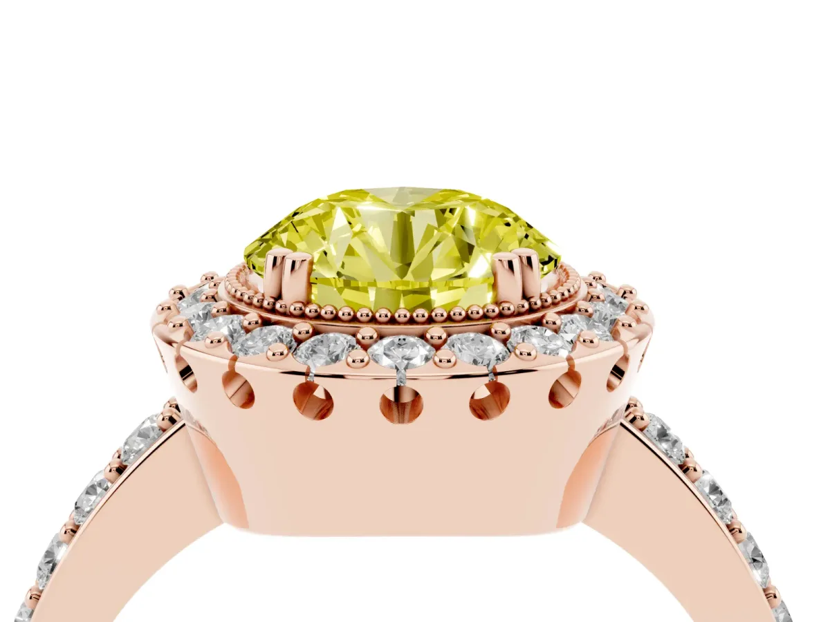 Fancy Yellow Round Cut Diamond Halo Ring with Pavé Band and Prong Setting Rose gold