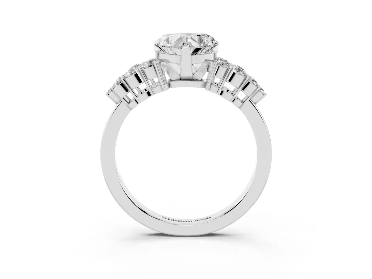 Heart Cut Cluster Diamond Engagement Ring with Pavé Band and Four-Prong Setting Silver