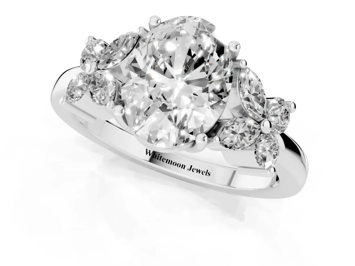 Oval Cut Diamond Floral Cluster Ring with Solitaire Band and Prong Setting Silver